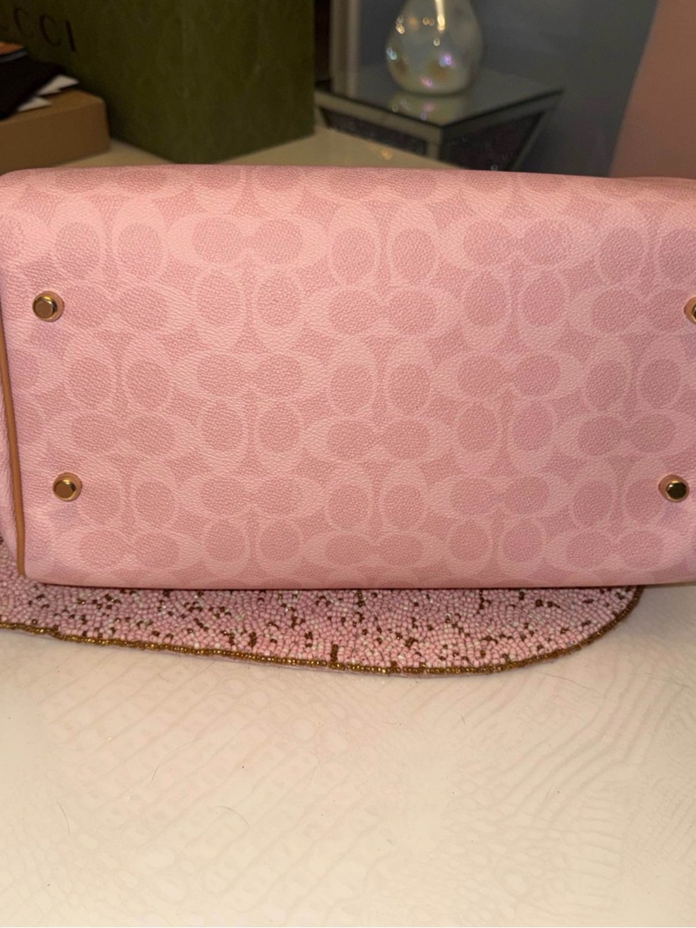 Coach Pink Signature Satchel with Floral Tag and Pearl Accents - Picture 6 of 10